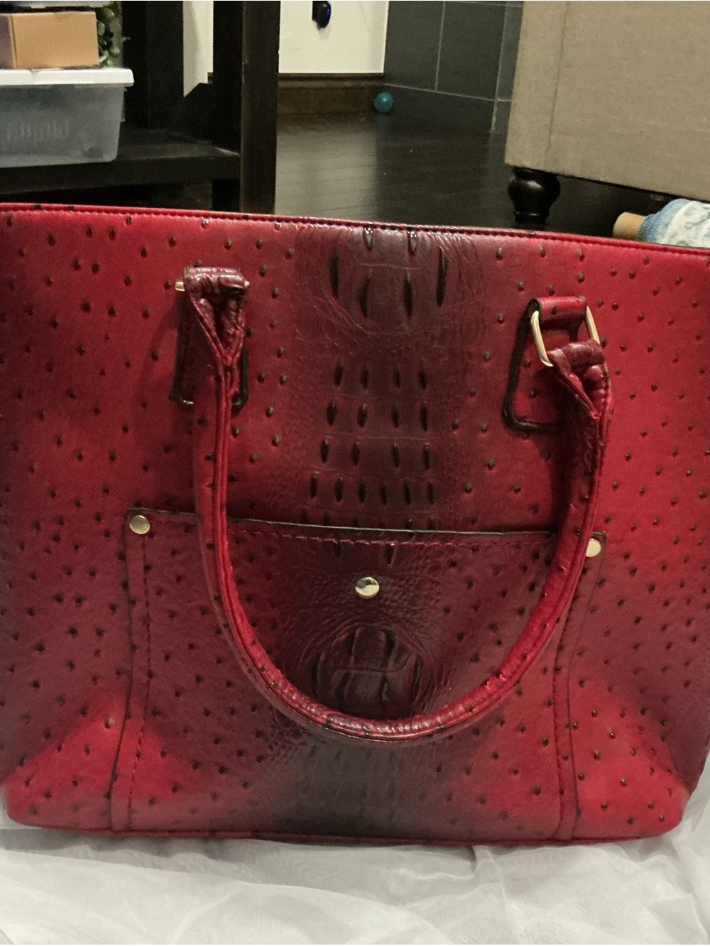 Red Faux-Ostrich Tote Handbag with Front Pocket